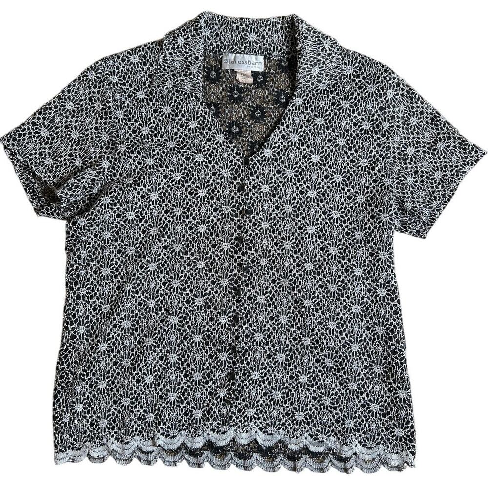Dressbarn Blouse Women XL Black Gloral Crochet Collared Short Sleeve Pullover